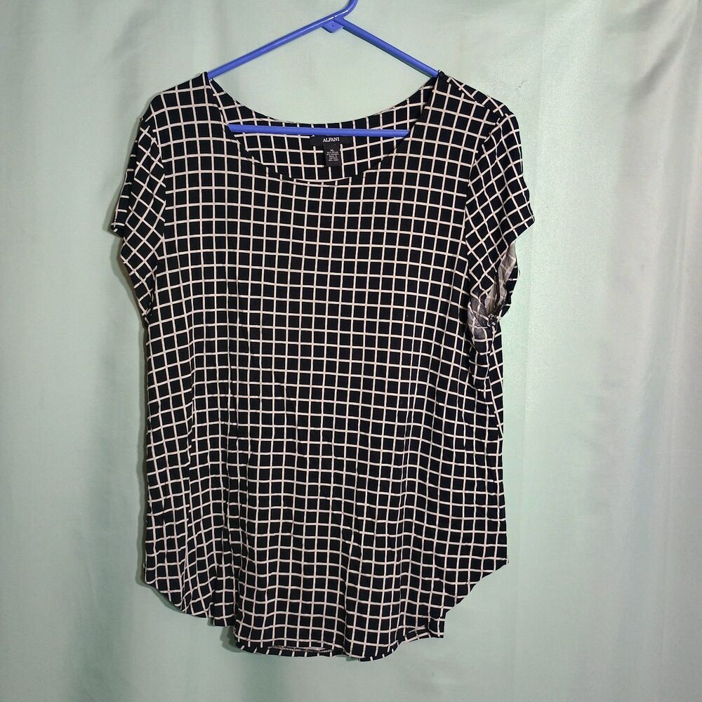 Women’s Black & White Windowpane Check Blouse – Short Sleeve Flowy Top